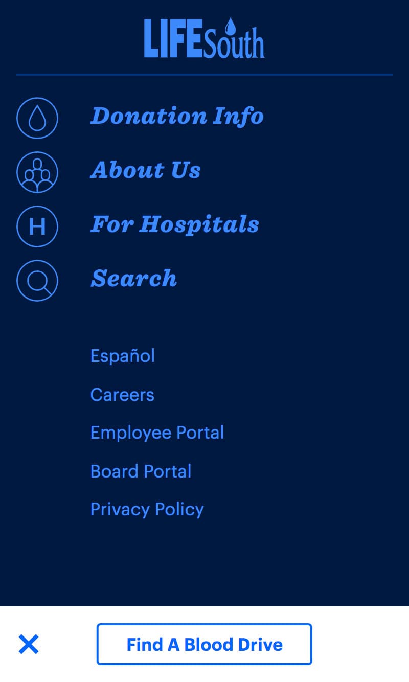 Mobile image of LifeSouth's Navigation page 1
