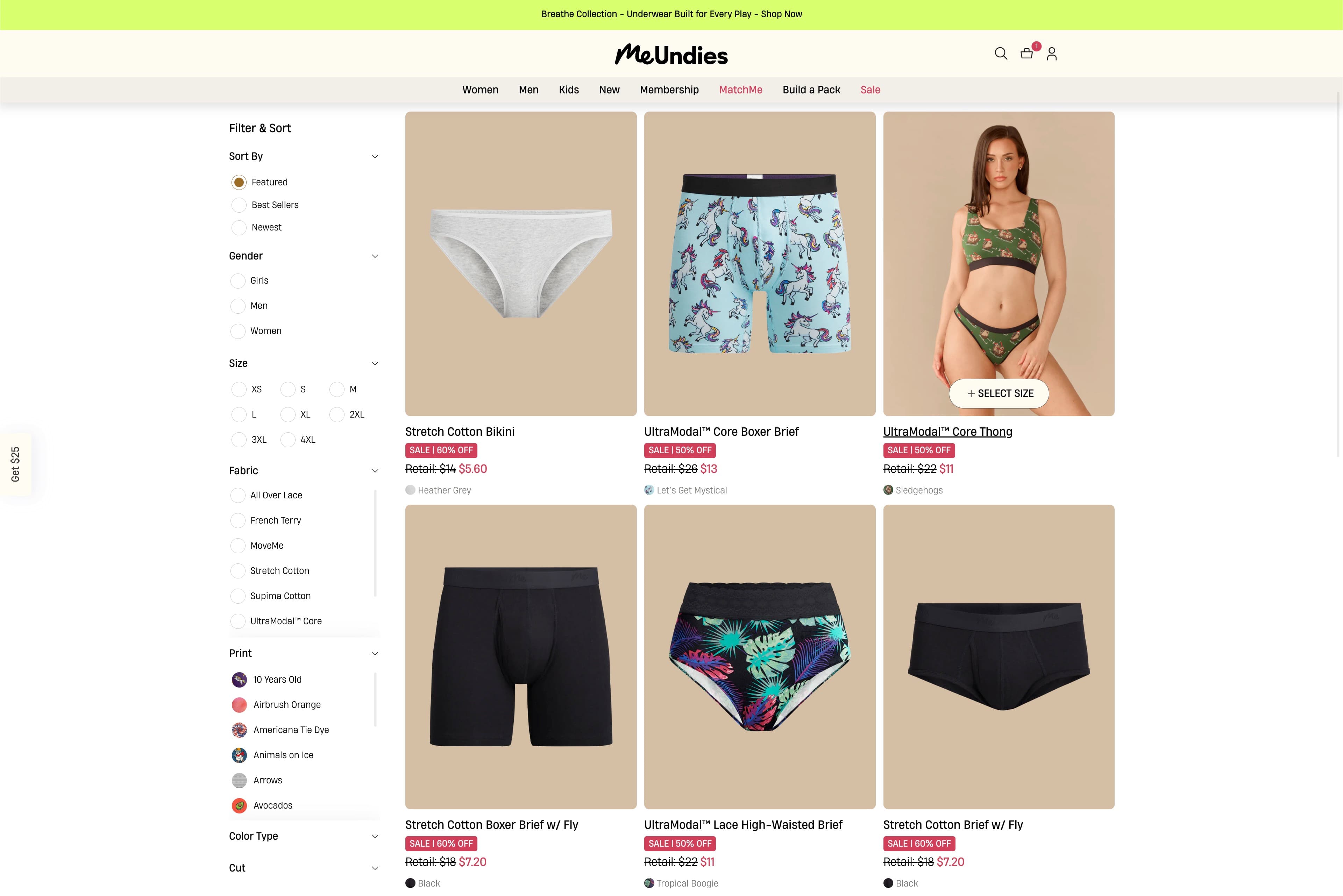 Desktop image of MeUndies' sitewide promos and strikethrough pricing