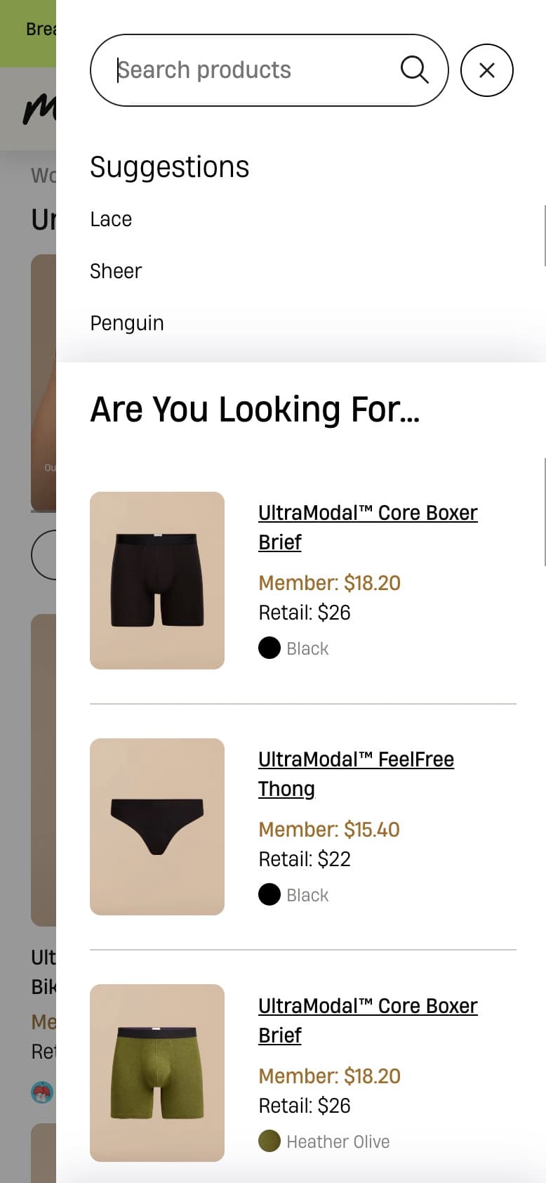 Mobile image of MeUndies' search dialog