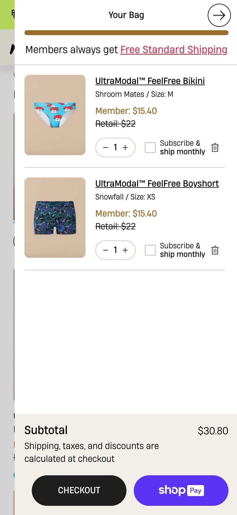 Mobile image of MeUndies' shopping cart