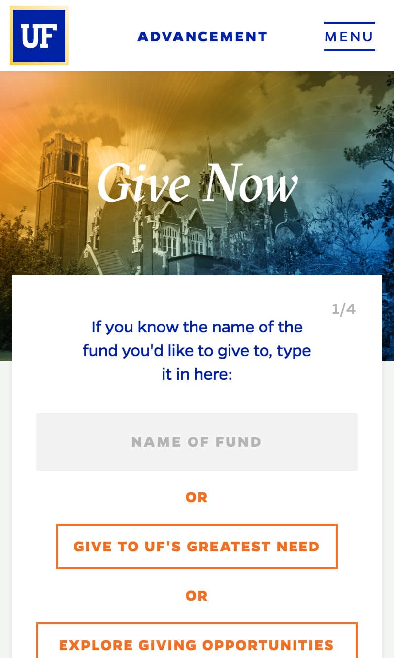 Mobile image of UF Foundation's Give Now page